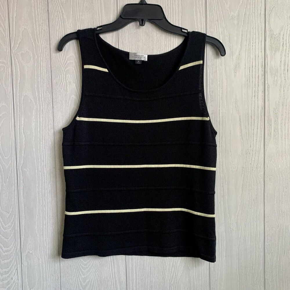 Tahari Black Stripe Silk Blend Sleeveless Sweater Size 10